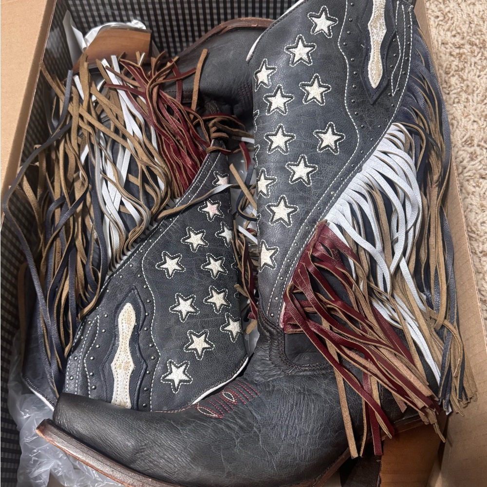 Macie Bean custom Red, white and Blue Western Fringe Star Cowboy Boots - Picture 2 of 5